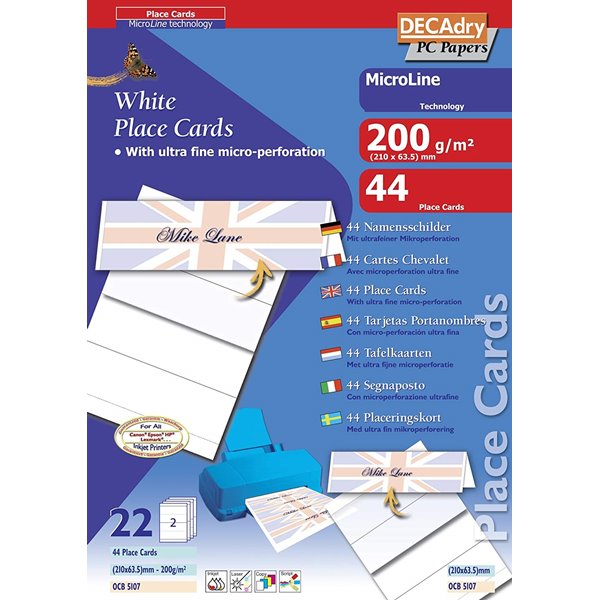 DECadry 210mm x 63.5mm 200gsm Folding Place Cards White Pack 44